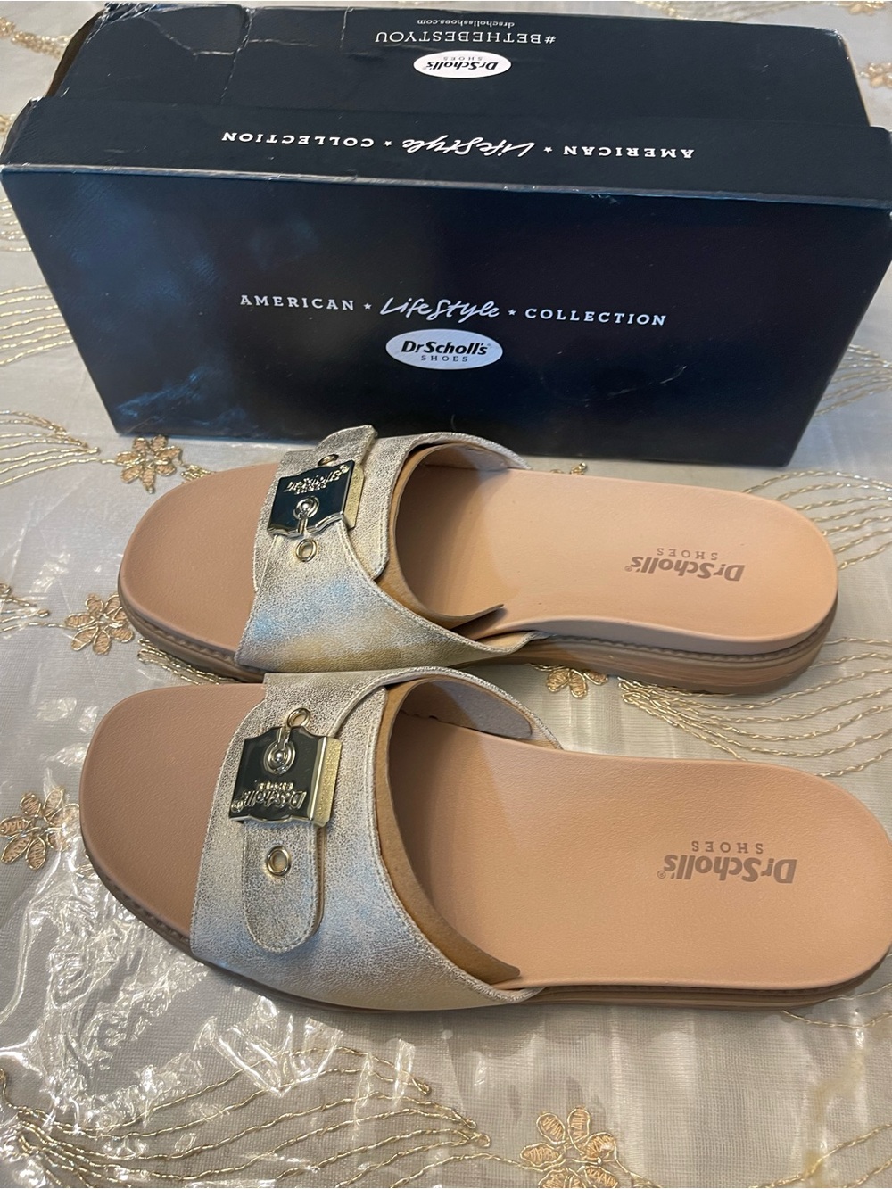 Dr. Scholl's Metallic Gold Slide Sandals with Decorative Buckle